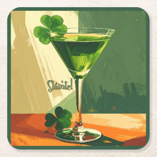 Mid Century Modern Shamrock Martini Sláinte! Square Paper Coaster