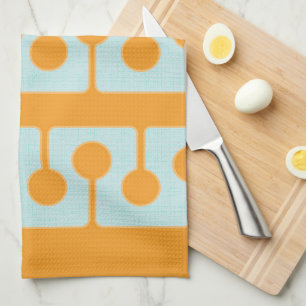 Mid Century Modern Shapes in Sync Orange, Aqua Tea Towel
