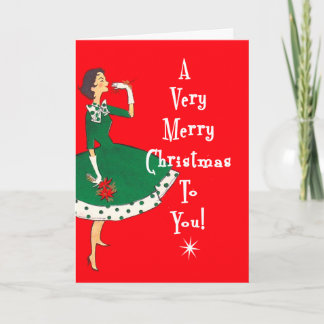 Mid Century Modern Single Girl Merry Christmas Holiday Card