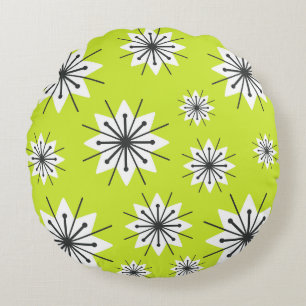 Mid Century Modern Snowflakes Chartreuse Round Cushion