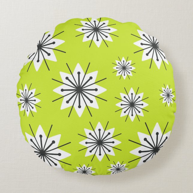 Mid Century Modern Snowflakes Chartreuse Round Cushion (Front)