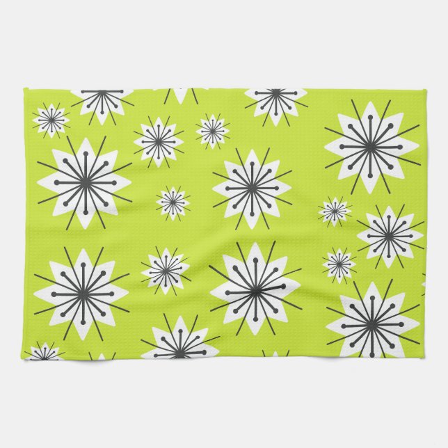 Mid Century Modern Snowflakes Chartreuse Tea Towel (Horizontal)