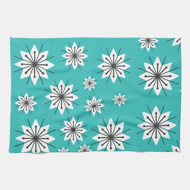 Mid Century Modern Snowflakes Turquoise Tea Towel (Horizontal)
