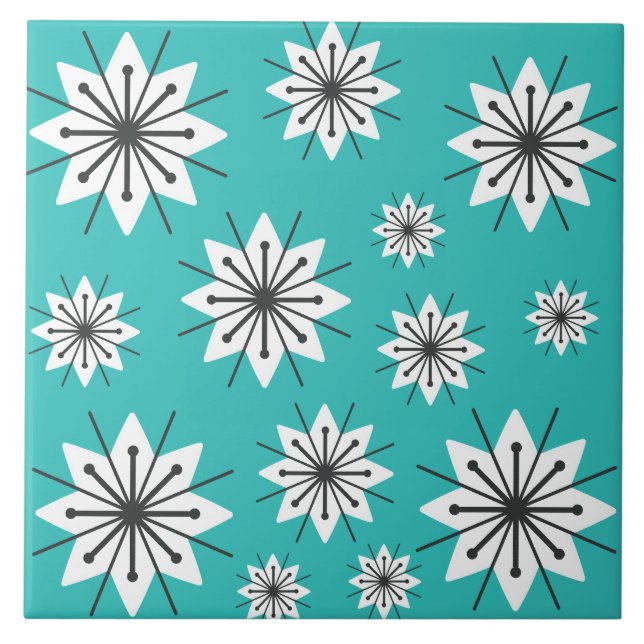 Mid Century Modern Snowflakes Turquoise Tile (Front)