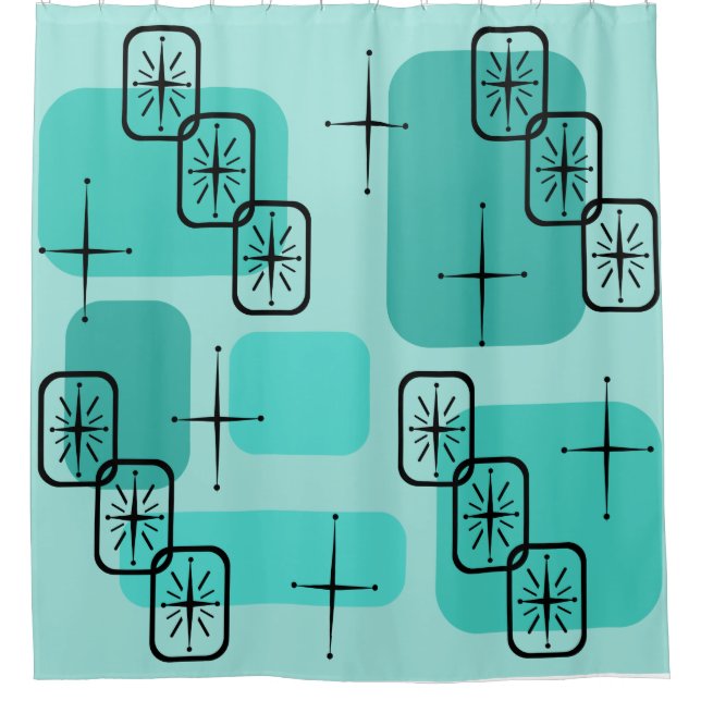 Mid Century Modern Sputnik Turquoise Shower Curtain (Front)