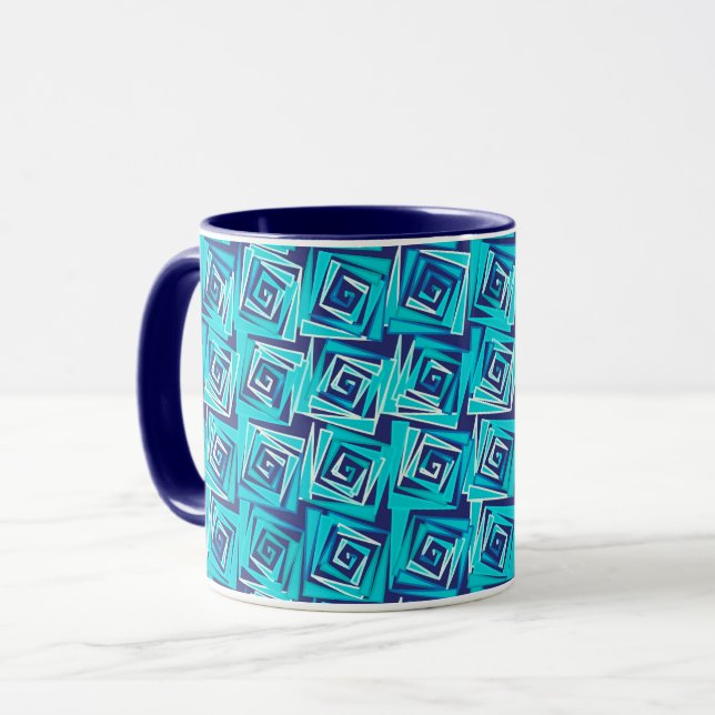 Mid-Century Modern Square Spirals, Navy and Aqua Mug (Front Left)
