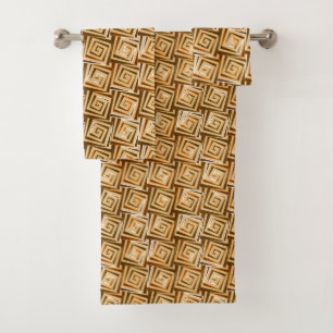 Mid-Century Modern Square Spirals, Tan and Brown Bath Towel Set