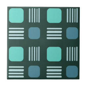 Mid-Century Modern Squares Lines Dark Teal Tile