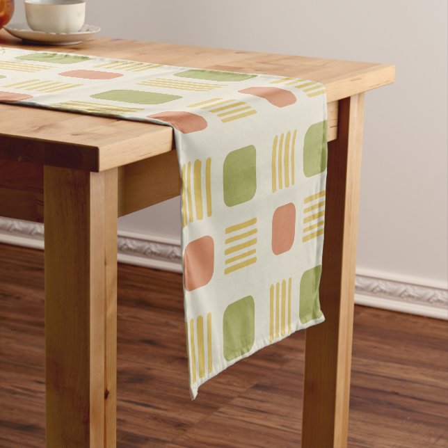Mid-Century Modern Squares Lines Orange Green Short Table Runner (In Situ)