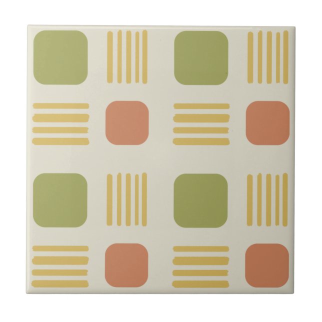 Mid-Century Modern Squares Lines Orange Green Tile (Front)