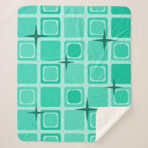 Mid Century Modern Squares Stars Teal Sherpa Blanket