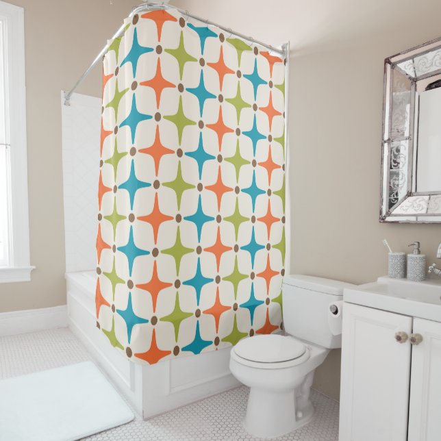 Mid Century Modern Star Pattern Shower Curtain (In Situ)