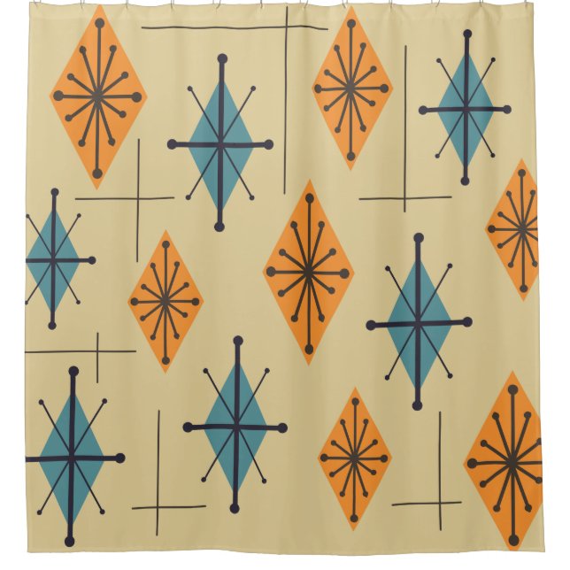 Mid Century Modern Starburst Diamonds Shower Curtain (Front)