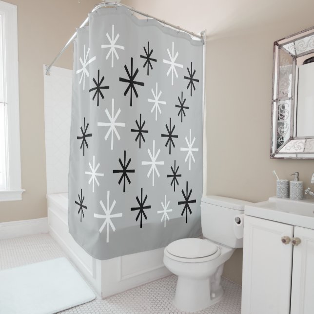 Mid Century Modern Starburst Pattern Shower Curtain (In Situ)