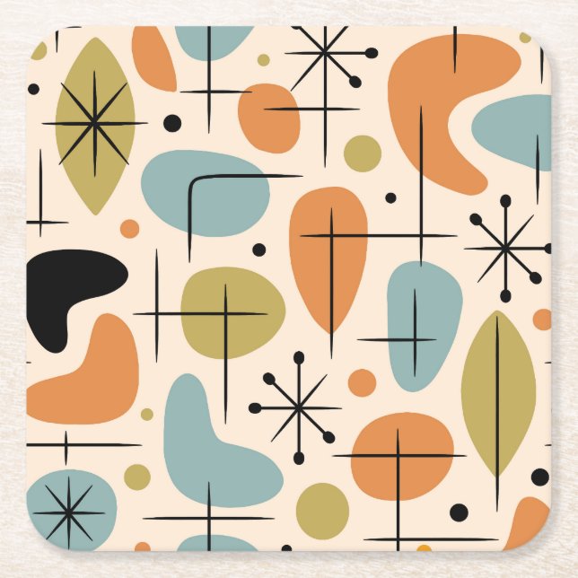 Mid Century Modern Starburst Pattern Square Paper Coaster (Front)