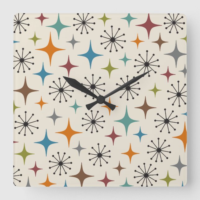 Mid Century Modern Starburst Pattern Square Wall Clock (Front)