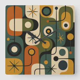 Mid Century Modern Starburst Pattern Square Wall Clock