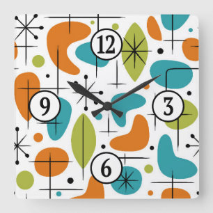 Mid Century Modern Starburst Pattern Square Wall Clock