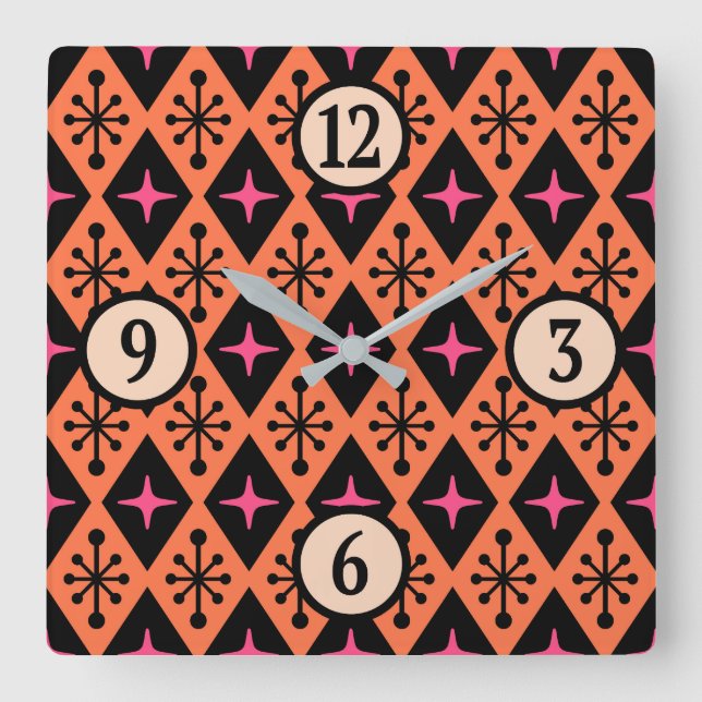 Mid-Century Modern Starburst Pattern Square Wall Clock (Front)