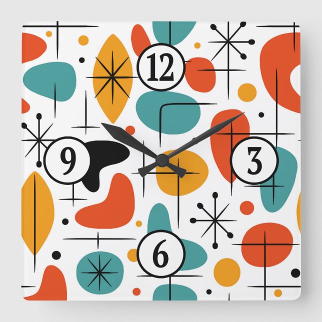 Mid Century Modern Starburst Pattern Square Wall Clock (Front)