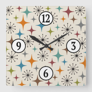 Mid Century Modern Starburst Pattern Square Wall Clock