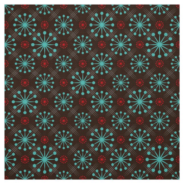 Mid Century Modern Starburst Turquoise Red Pattern Fabric (Swatch)