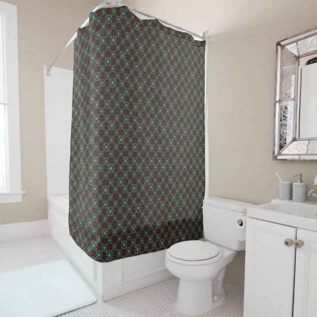 Mid Century Modern Starburst Turquoise Red Pattern Shower Curtain (In Situ)