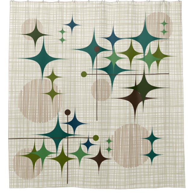 Mid Century Modern Starbursts and Globes Shower Curtain (Front)