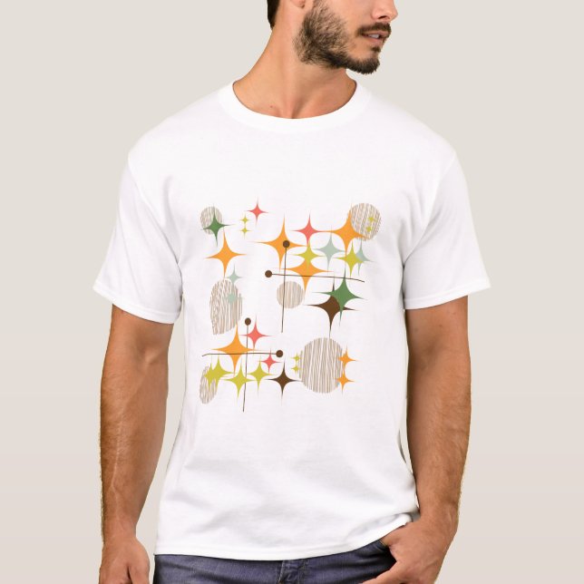 Mid Century Modern Starbursts and Globes T-Shirt (Front)