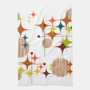 Mid Century Modern Starbursts and Globes Tea Towel
