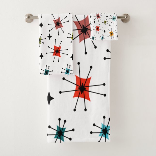 Mid-Century Modern Starbursts and Stars Bath Towel Set (Insitu)