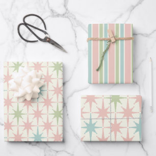 Mid Century Modern Starbursts and Stripes Pastel Wrapping Paper Sheet