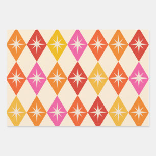 Mid Century Modern Starbursts on Retro Diamonds Wrapping Paper Sheet