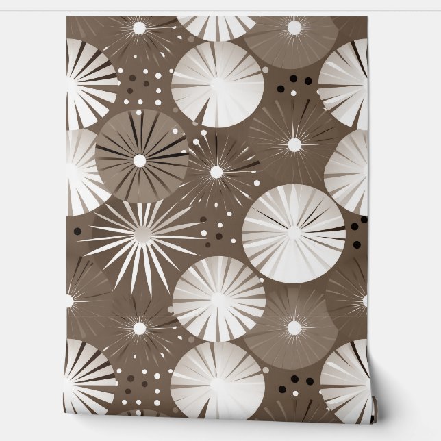 Mid Century Modern Starbursts Sepia and White Wallpaper (Unrolling)