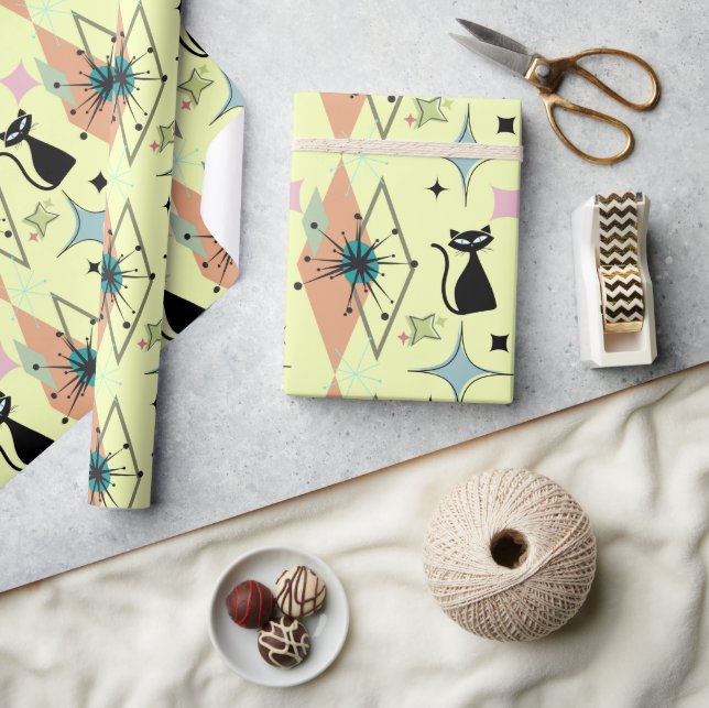 Mid Century Modern Stars and Cats Pattern Cream Wrapping Paper (Crafts)