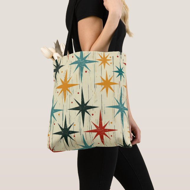 Mid-Century Modern Stars Pattern Teal, Yellow, Red Tote Bag (Close Up)