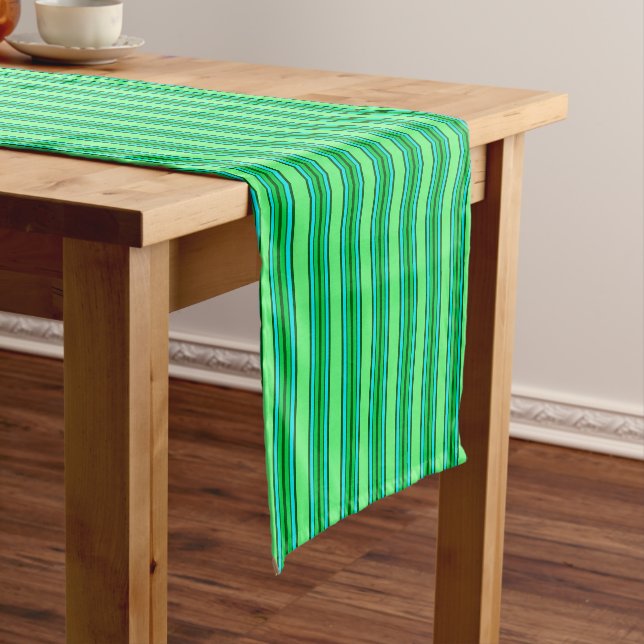 Mid-Century Modern Stripes, Lime Green and Aqua Short Table Runner (In Situ)