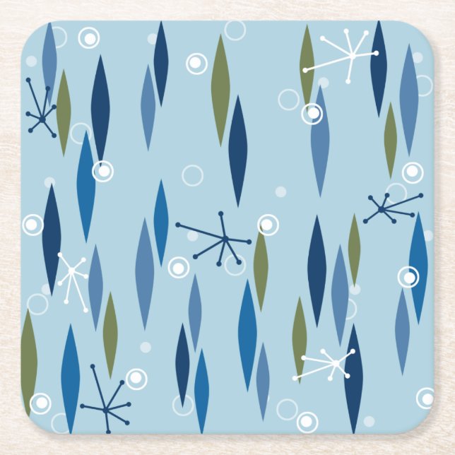 Mid-century Modern style Blue and Green Starburst Square Paper Coaster (Front)