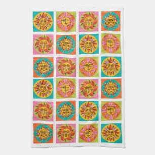 Mid Century Modern Sun Faces Drying Mat Tea Towel