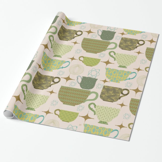 Mid Century Modern Teacup Pattern Wrapping Paper (Unrolled)