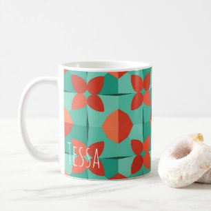 Mid-Century Modern Teal and Coral Geometric Floral Coffee Mug