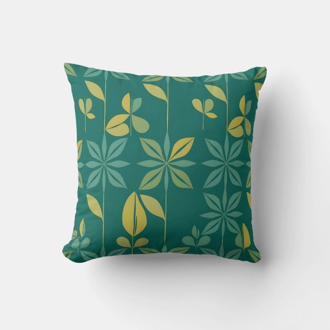 Mid-Century Modern Teal Botanical Geometric Leaf Cushion (Front)