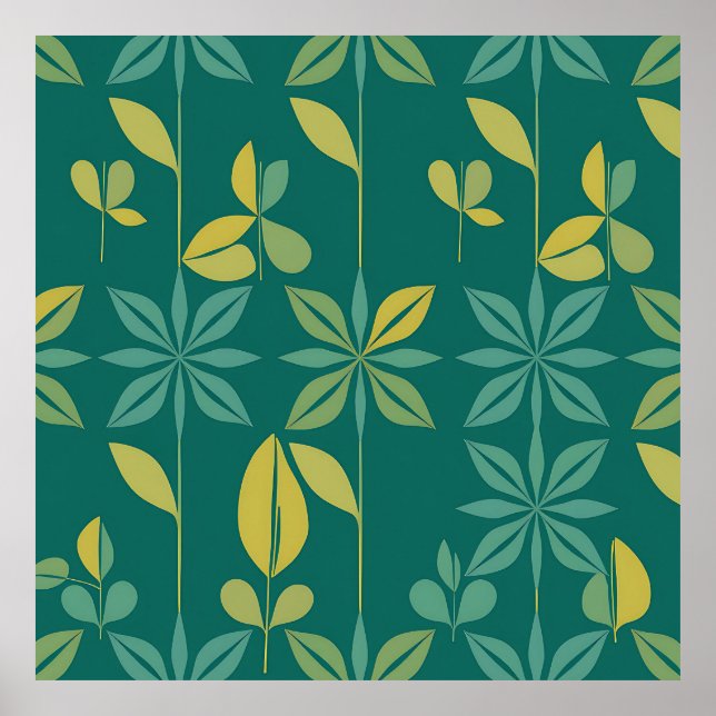 Mid-Century Modern Teal Botanical Geometric Leaf Poster (Front)