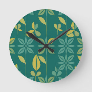 Mid-Century Modern Teal Botanical Geometric Leaf Round Clock