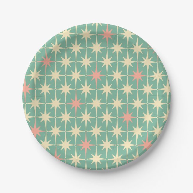 Mid Century Modern Teal Mint & Pink Retro Stars  Paper Plate (Front)