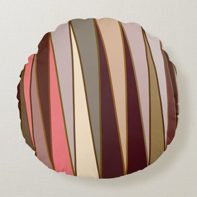 Mid-Century Modern Triangles, Brown, Beige & Coral Round Cushion (Front)