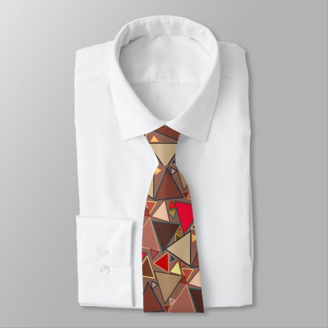 Mid-Century Modern Triangles, Taupe, Brown, Red Tie (Tied)