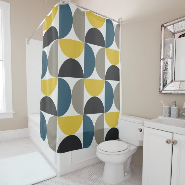 Mid-Century Modern Turmer Gunmetal and blue   Shower Curtain (In Situ)