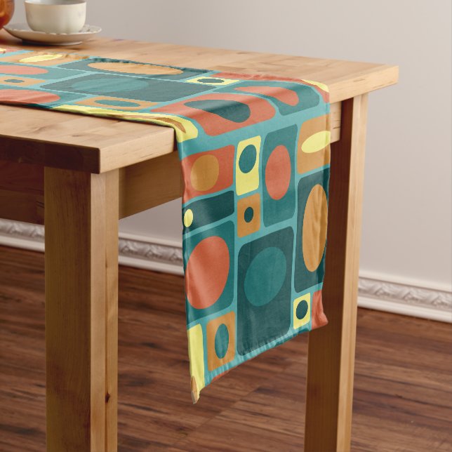 Mid Century Modern Turquoise Rectangles Short Table Runner (In Situ)