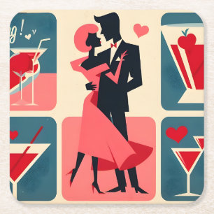 Mid Century Modern Valentine Dancing Couple Square Paper Coaster